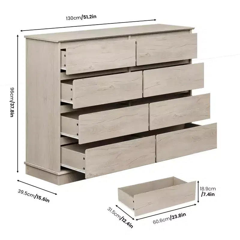 Commode de chambre à 8 tiroirs, commode avec tiroirs profonds, grande commode double pour placard avec plateau large, commode horizontale en bois pour salon
