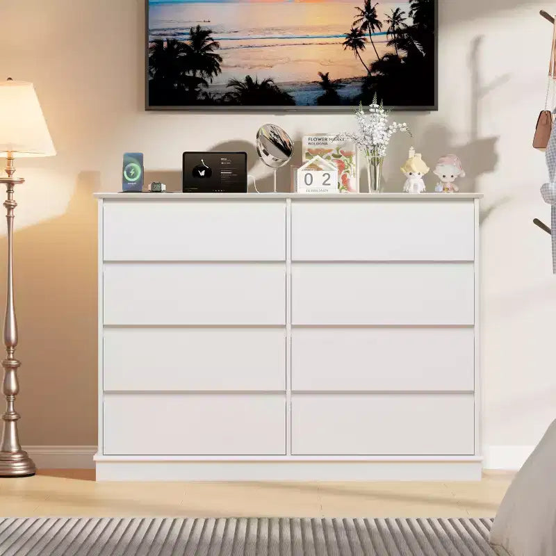 Commode de chambre à 8 tiroirs, commode avec tiroirs profonds, grande commode double pour placard avec plateau large, commode horizontale en bois pour salon