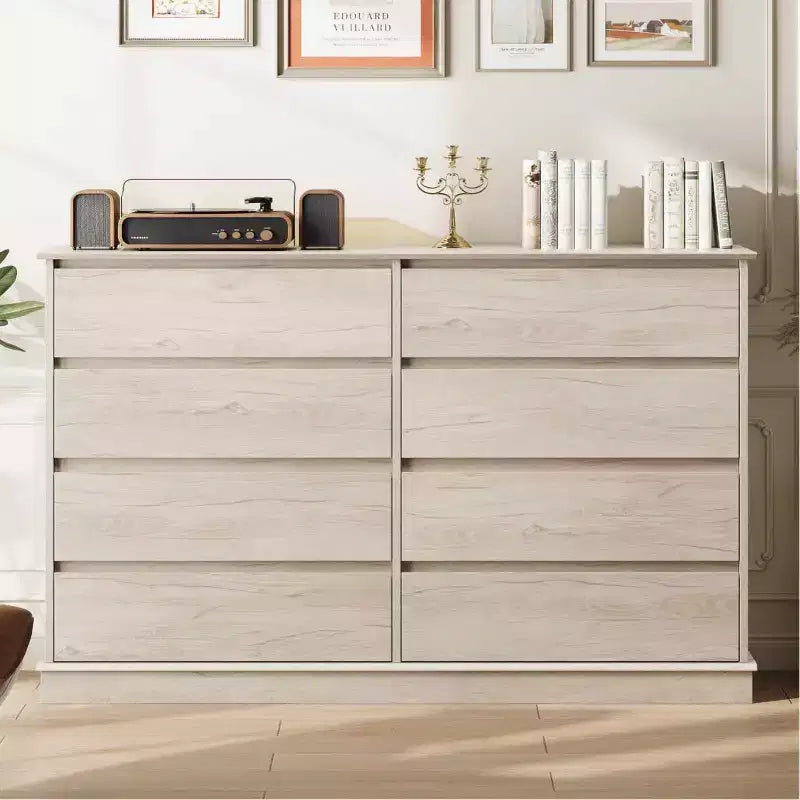 Commode de chambre à 8 tiroirs, commode avec tiroirs profonds, grande commode double pour placard avec plateau large, commode horizontale en bois pour salon
