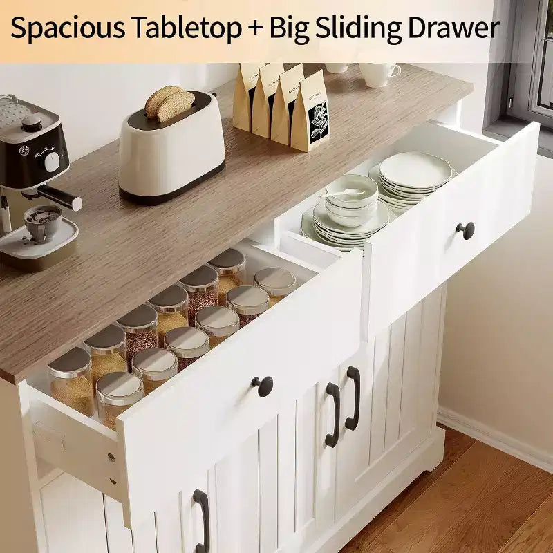 Meuble de rangement pratique, buffet avec panneau latéral et espace de rangement, étagère réglable et 2 tiroirs, blanc