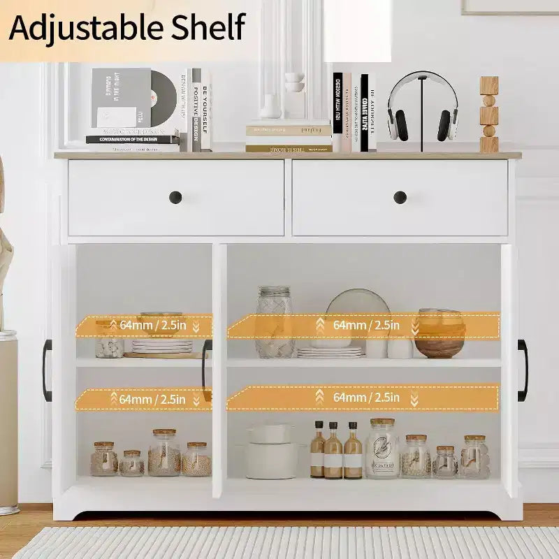 Meuble de rangement pratique, buffet avec panneau latéral et espace de rangement, étagère réglable et 2 tiroirs, blanc