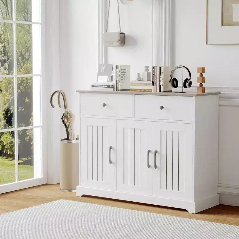 Meuble de rangement pratique, buffet avec panneau latéral et espace de rangement, étagère réglable et 2 tiroirs, blanc