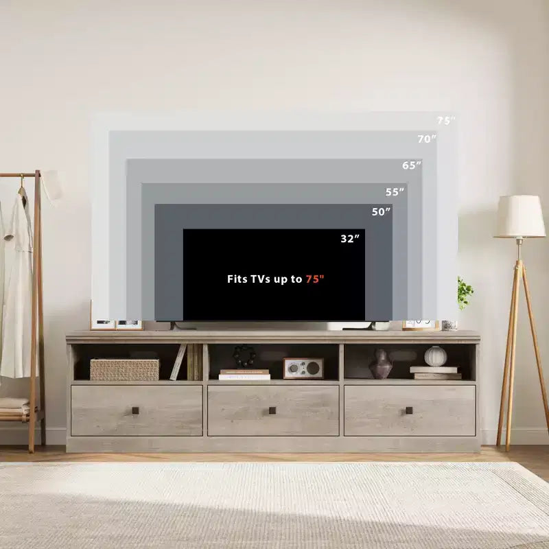 Meuble TV de 178 cm avec tiroir de rangement, console TV de style moderne du milieu du siècle avec étagères ouvertes, meuble TV multimédia
