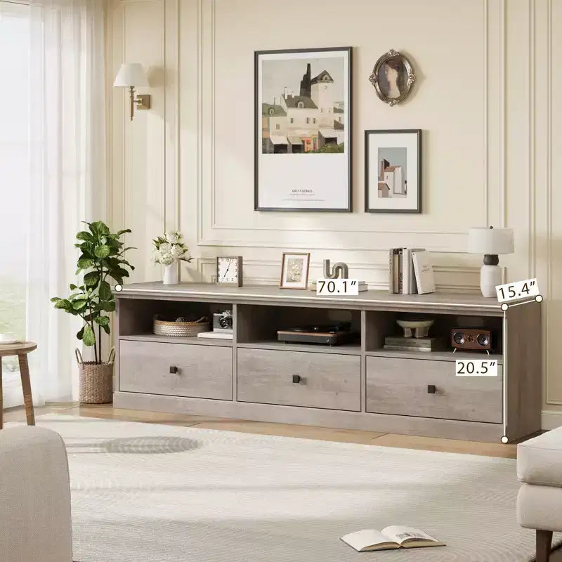 Meuble TV de 178 cm avec tiroir de rangement, console TV de style moderne du milieu du siècle avec étagères ouvertes, meuble TV multimédia