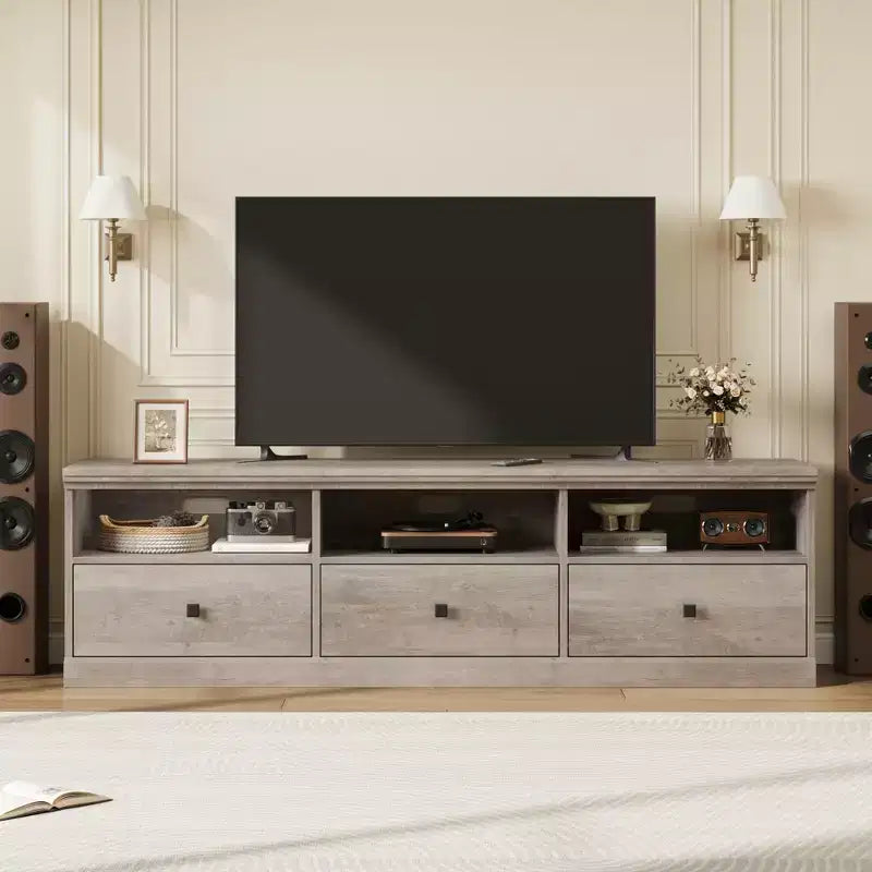 Meuble TV de 178 cm avec tiroir de rangement, console TV de style moderne du milieu du siècle avec étagères ouvertes, meuble TV multimédia