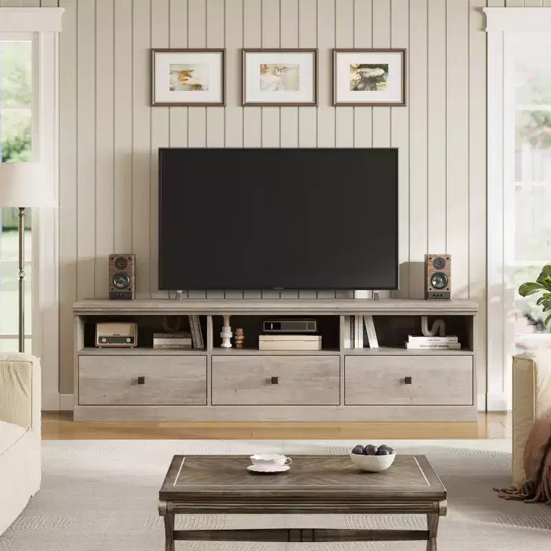 Meuble TV de 178 cm avec tiroir de rangement, console TV de style moderne du milieu du siècle avec étagères ouvertes, meuble TV multimédia