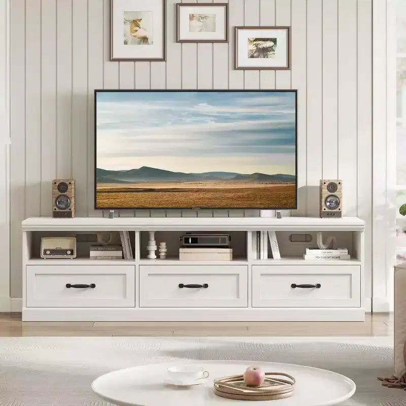 Meuble TV de 178 cm avec tiroir de rangement, console TV de style moderne du milieu du siècle avec étagères ouvertes, meuble TV multimédia
