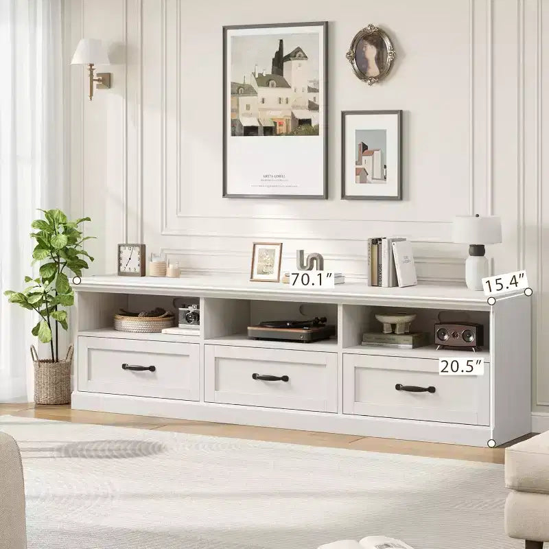 Meuble TV de 178 cm avec tiroir de rangement, console TV de style moderne du milieu du siècle avec étagères ouvertes, meuble TV multimédia