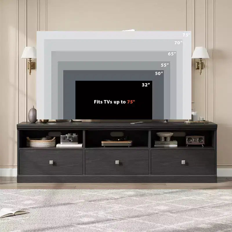 Meuble TV de 178 cm avec tiroir de rangement, console TV de style moderne du milieu du siècle avec étagères ouvertes, meuble TV multimédia
