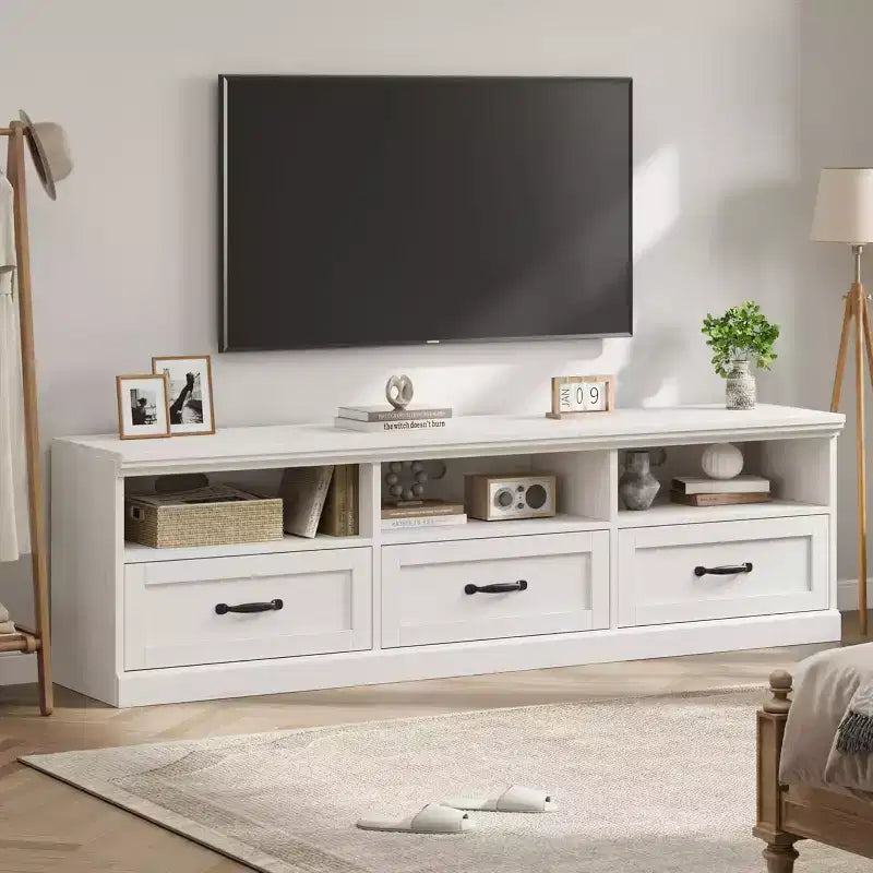 Meuble TV de 178 cm avec tiroir de rangement, console TV de style moderne du milieu du siècle avec étagères ouvertes, meuble TV multimédia