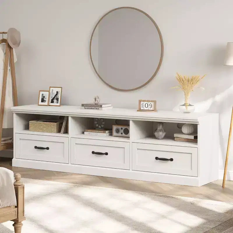 Meuble TV de 178 cm avec tiroir de rangement, console TV de style moderne du milieu du siècle avec étagères ouvertes, meuble TV multimédia