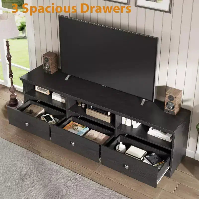 Meuble TV de 178 cm avec tiroir de rangement, console TV de style moderne du milieu du siècle avec étagères ouvertes, meuble TV multimédia