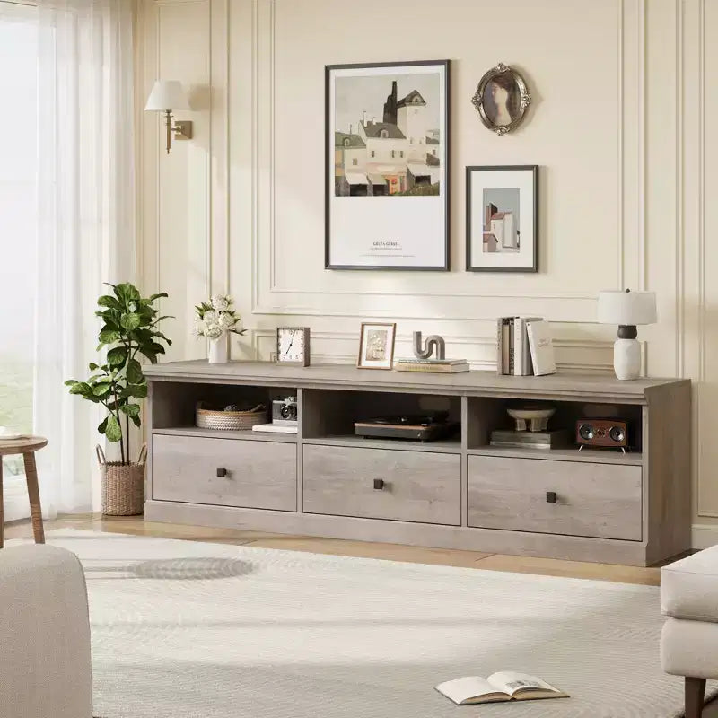 Meuble TV de 178 cm avec tiroir de rangement, console TV de style moderne du milieu du siècle avec étagères ouvertes, meuble TV multimédia