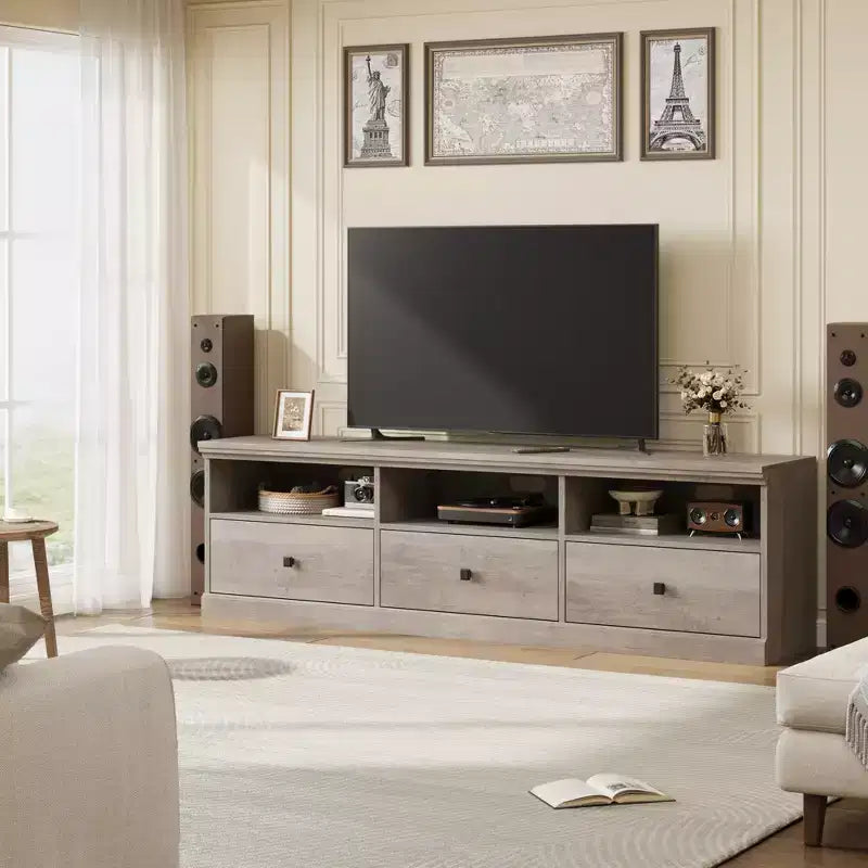 Meuble TV de 178 cm avec tiroir de rangement, console TV de style moderne du milieu du siècle avec étagères ouvertes, meuble TV multimédia