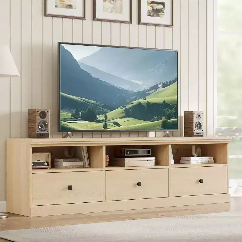 Meuble TV de 178 cm avec tiroir de rangement, console TV de style moderne du milieu du siècle avec étagères ouvertes, meuble TV multimédia