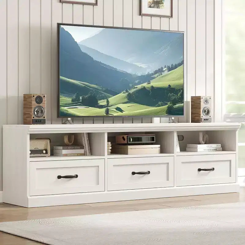 Meuble TV de 178 cm avec tiroir de rangement, console TV de style moderne du milieu du siècle avec étagères ouvertes, meuble TV multimédia
