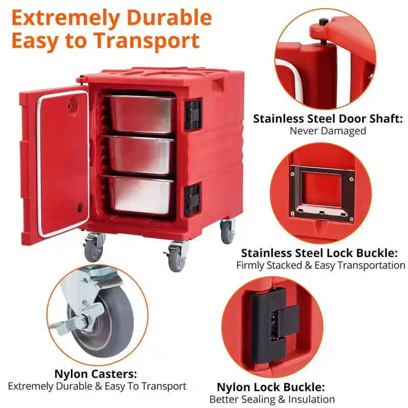 Réchaud traiteur professionnel - Conteneur isotherme chaud/froid pour 6 bacs GN 1/1 avec roulettes robustes