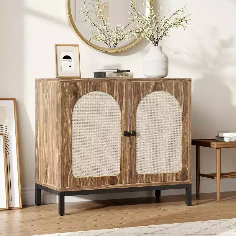 Buffet en rotin, buffet avec étagères réglables, armoire de rangement en bois pour salon, couloir