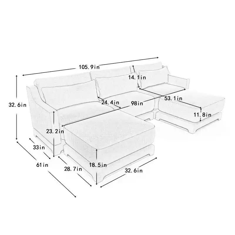 Canapé 3 places en tissu chenille beige avec 2 poufs mobiles et oreiller lombaire, éponge haute résilience, base en bois de haute qualité