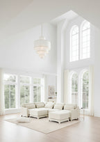 Canapé 3 places en tissu chenille beige avec 2 poufs mobiles et oreiller lombaire, éponge haute résilience, base en bois de haute qualité