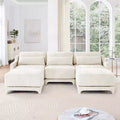 Canapé 3 places en tissu chenille beige avec 2 poufs mobiles et oreiller lombaire, éponge haute résilience, base en bois de haute qualité