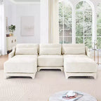 Canapé 3 places en tissu chenille beige avec 2 poufs mobiles et oreiller lombaire, éponge haute résilience, base en bois de haute qualité