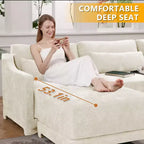 Canapé 3 places en tissu chenille beige avec 2 poufs mobiles et oreiller lombaire, éponge haute résilience, base en bois de haute qualité
