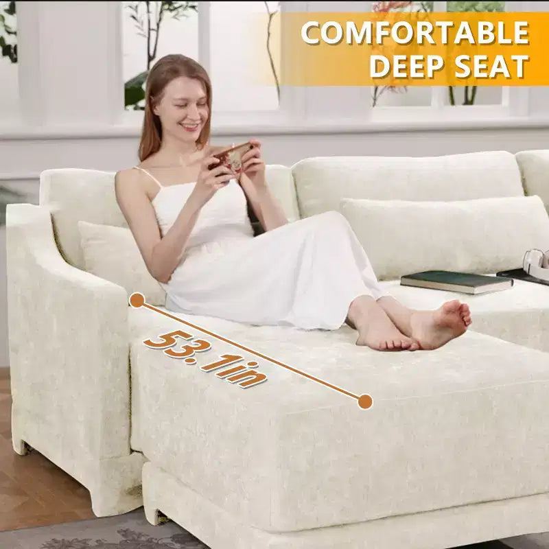 Canapé 3 places en tissu chenille beige avec 2 poufs mobiles et oreiller lombaire, éponge haute résilience, base en bois de haute qualité