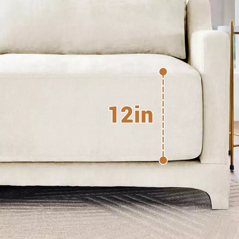 Canapé 3 places en tissu chenille beige avec 2 poufs mobiles et oreiller lombaire, éponge haute résilience, base en bois de haute qualité