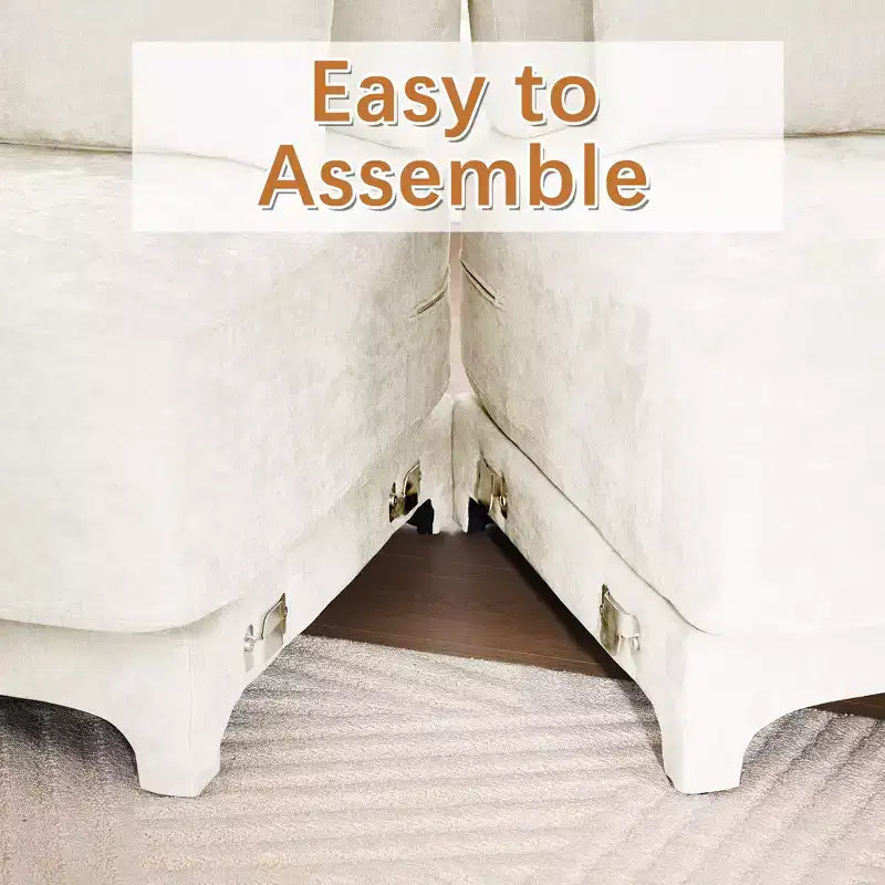 Canapé 3 places en tissu chenille beige avec 2 poufs mobiles et oreiller lombaire, éponge haute résilience, base en bois de haute qualité