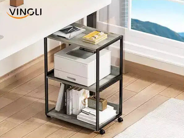 Support d'imprimante roulant à 3 niveaux avec rangement, étagère de bureau pour imprimante pour l'organisation de la maison/bureau (chêne)