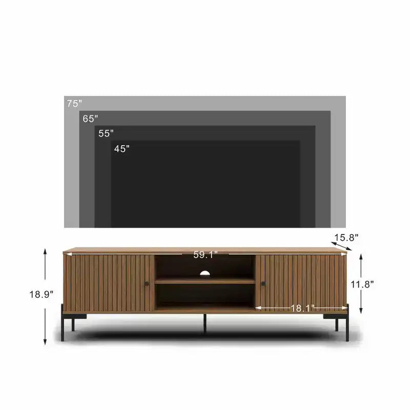 Meuble TV en bois de santal doré de 60 pouces de large, convient aux téléviseurs de 45 à 75 pouces, console média moderne avec placards de rangement et portes à lattes pour le salon