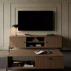 Meuble TV en bois de santal doré de 60 pouces de large, convient aux téléviseurs de 45 à 75 pouces, console média moderne avec placards de rangement et portes à lattes pour le salon