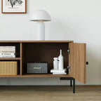 Meuble TV en bois de santal doré de 60 pouces de large, convient aux téléviseurs de 45 à 75 pouces, console média moderne avec placards de rangement et portes à lattes pour le salon