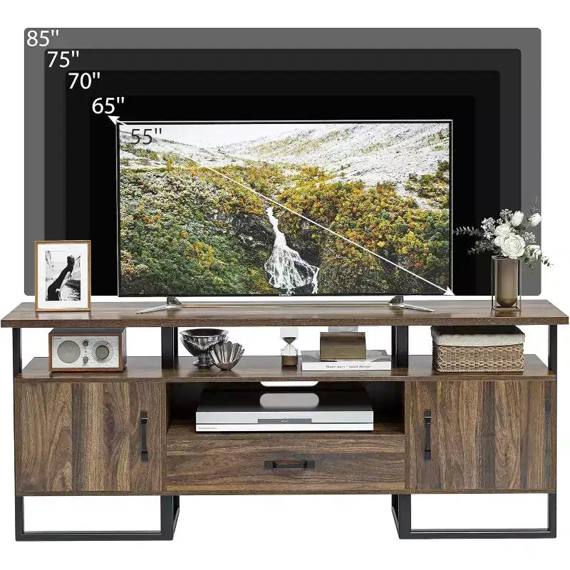 Meuble TV industriel de 75 pouces – Console multimédia moderne du milieu du siècle avec tiroir et placard de rangement, meuble TV de 70, marron rustique