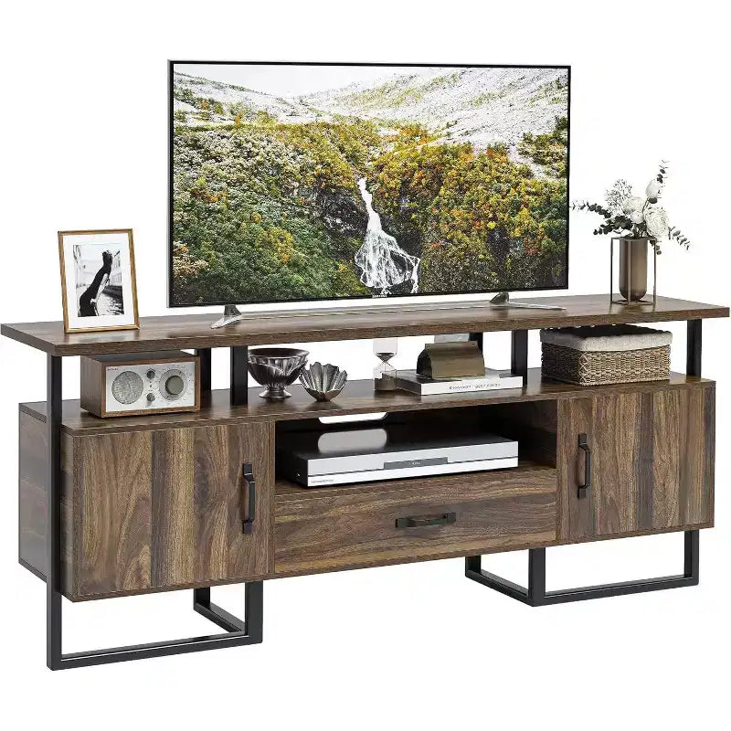 Meuble TV industriel de 75 pouces – Console multimédia moderne du milieu du siècle avec tiroir et placard de rangement, meuble TV de 70, marron rustique