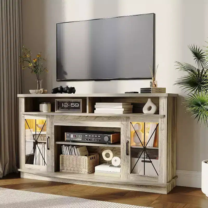 65 Inch Farmhouse TV Stand with 2 Acrylic Doors - Wood Entertainment Center with Storage for Living Room/Bedroom