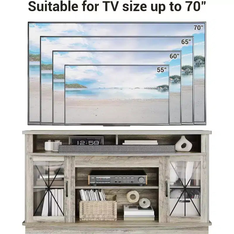 Meuble TV de ferme de 65 pouces avec 2 portes en acrylique - Meuble de divertissement en bois avec rangement pour salon/chambre à coucher