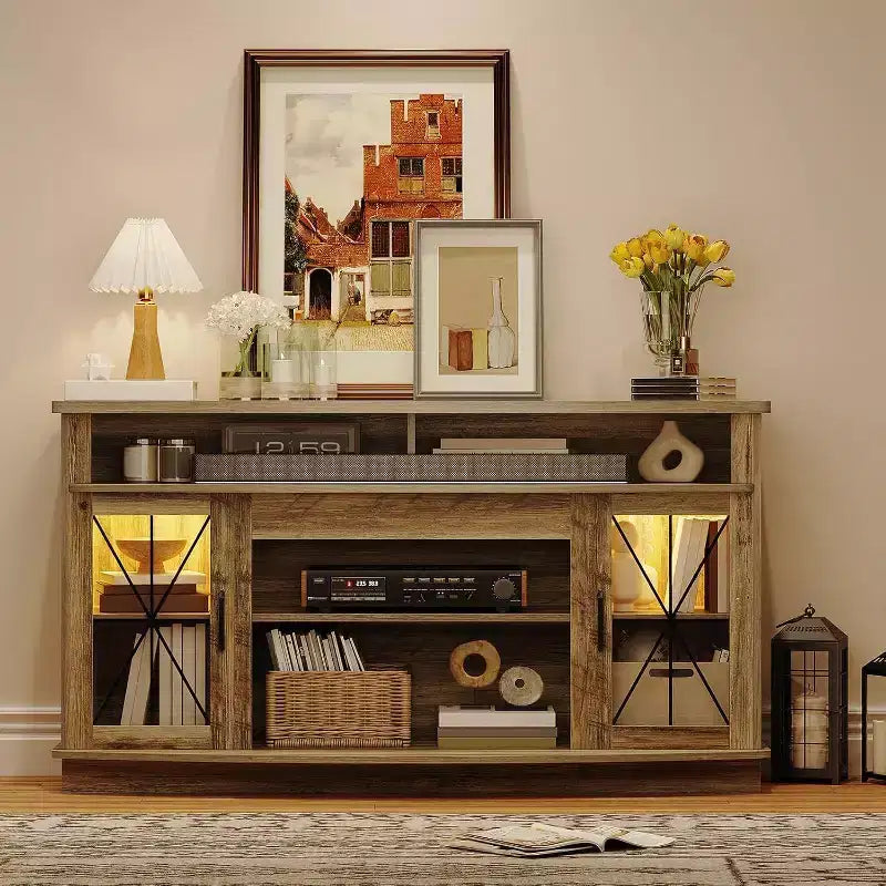 Meuble TV de ferme de 65 pouces avec 2 portes en acrylique - Meuble de divertissement en bois avec rangement pour salon/chambre à coucher