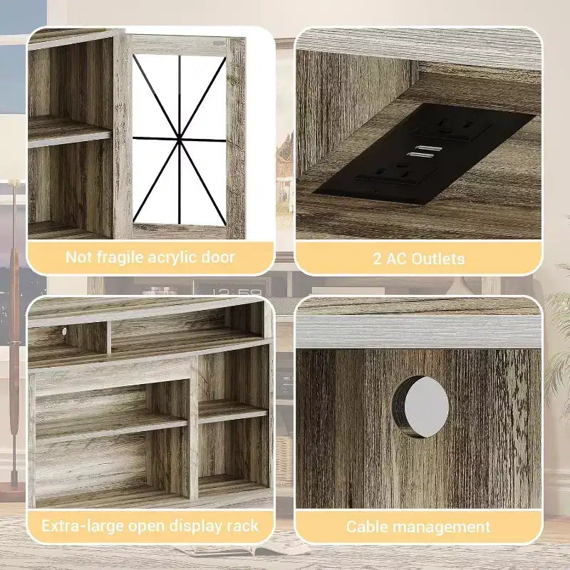 Meuble TV de ferme de 65 pouces avec 2 portes en acrylique - Meuble de divertissement en bois avec rangement pour salon/chambre à coucher