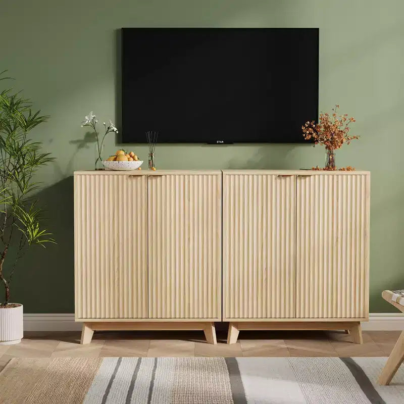 Buffet en bois cannelé avec rangements, buffet de rangement moderne avec 2 portes et étagères réglables, couleur bois