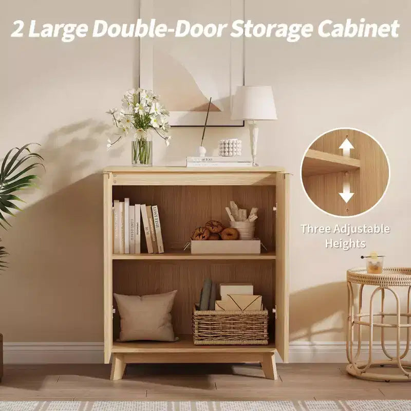Buffet en bois cannelé avec rangements, buffet de rangement moderne avec 2 portes et étagères réglables, couleur bois