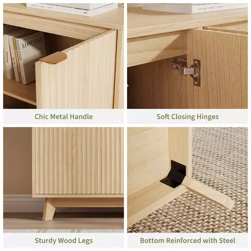 Buffet en bois cannelé avec rangements, buffet de rangement moderne avec 2 portes et étagères réglables, couleur bois