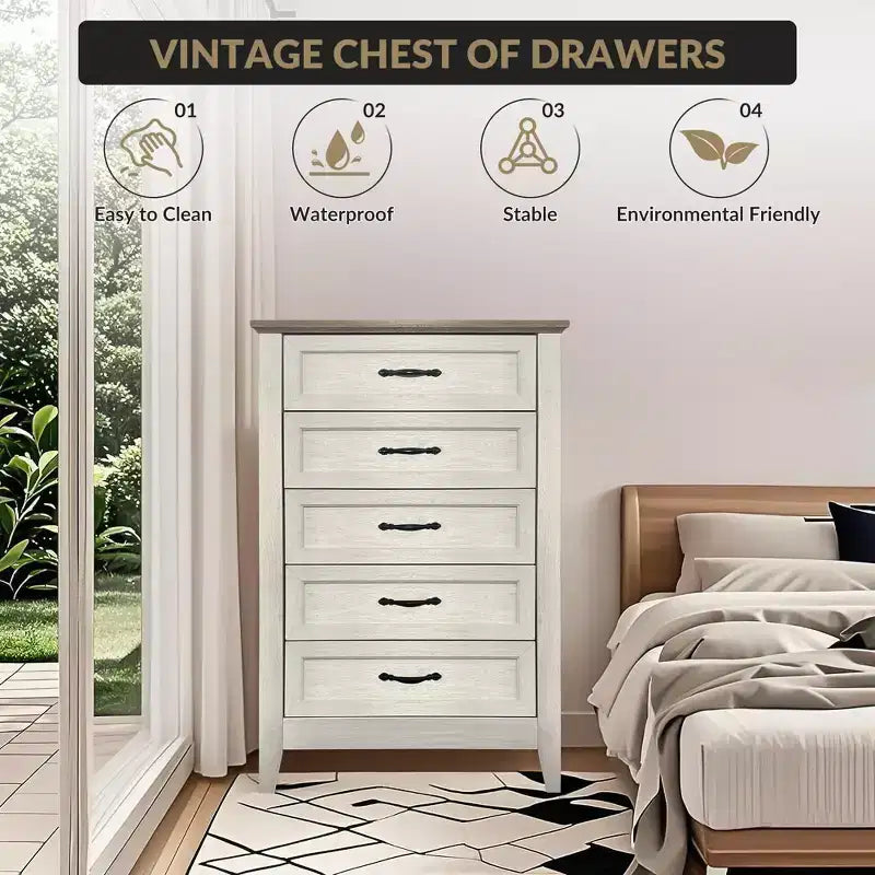 Commode de ferme, commode en bois rustique à 5 tiroirs pour placard, commode haute avec poignées métalliques