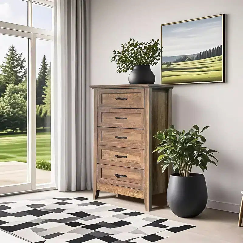 Commode de ferme, commode en bois rustique à 5 tiroirs pour placard, commode haute avec poignées métalliques