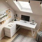 Bureau d'angle réversible avec 3 tiroirs et étagères ouvertes, Bureau d'ordinateur rustique pour la maison