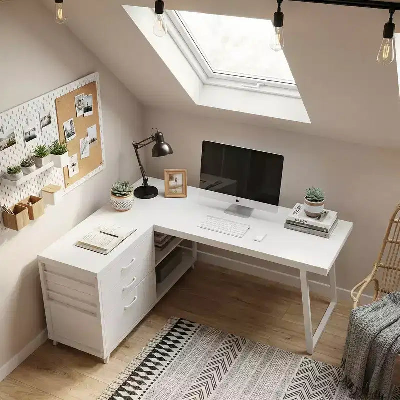 Bureau d'angle réversible avec 3 tiroirs et étagères ouvertes, Bureau d'ordinateur rustique pour la maison