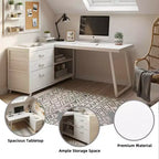 Bureau d'angle réversible avec 3 tiroirs et étagères ouvertes, Bureau d'ordinateur rustique pour la maison