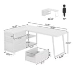 Bureau d'angle réversible avec 3 tiroirs et étagères ouvertes, Bureau d'ordinateur rustique pour la maison