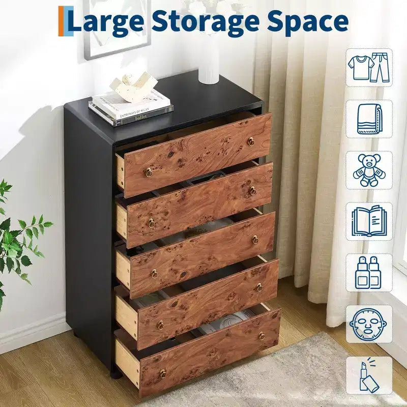 Commode à 5 tiroirs en bois de chêne naturel, avec design incurvé et boutons ronds vintage, rangement multi-pièces